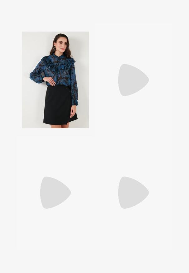 Blue patterned blouse with ruffles and buttoned cuffs, paired with a black wrap skirt featuring two buttons on the side.; Black wide-leg pants featuring a textured fabric, an elastic waistband, and a detachable sash tie at the waist for adjustable fit.; Black patent leather ankle boot with a pointed toe and a mid-height block heel. Smooth texture and minimalist design.; Black handbag with structured shape, smooth texture, and a metallic clasp. Paired with wide black pants and open-toe sandals on wooden floor.