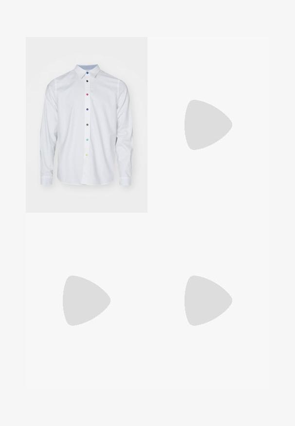 Camisa blanca de manga larga hecha de algodón, con un diseño liso y una fila de botones multicolores en la parte delantera.; Filippa K SLIM TAPERED  - Pantalones - dark navy; Camisa negra de manga larga y botones combinada con pantalones burdeos de cintura alta y zapatillas azules con detalles verdes. El modelo está de pie con las manos en los bolsillos.; Collar de cuentas multicolores con cuentas azul oscuro, rojas y amarillas, intercaladas con acentos plateados y un charm colgante.