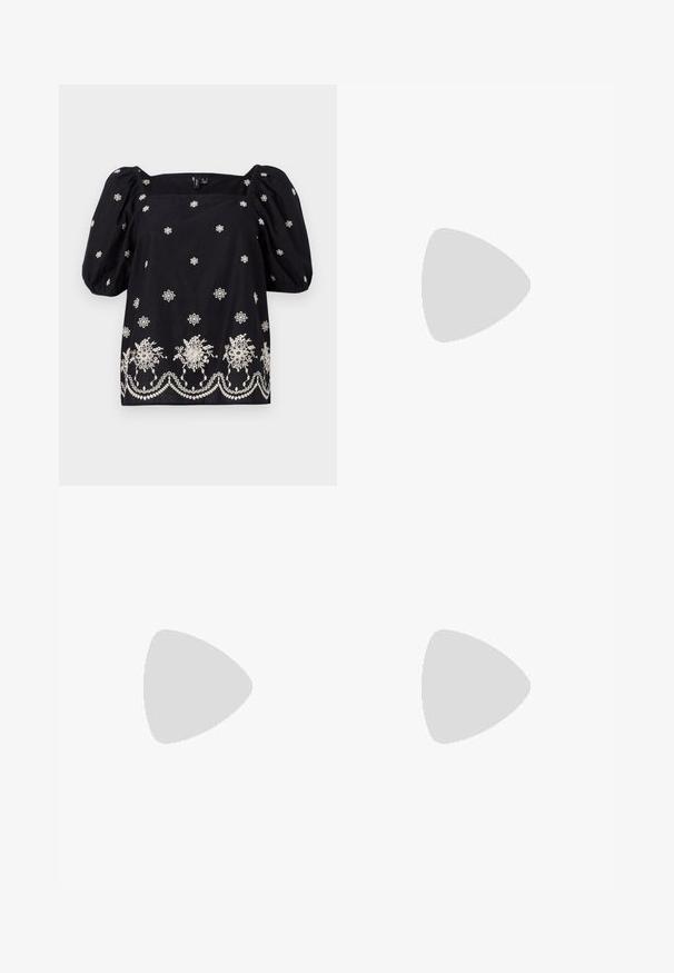 Svart, løs bluse med puffermer. Har hvit blomsterbroderi og dekorativt pynt langs bunnen. Fyrkantet utringning.; Bredde ben blå denim jeans med høy midje, utstyrt med to metallspenne-detaljer, subtil fading og standard fem-lommers design.; Hvit høyhælte sandal med kraftig hæl, med en stroppe-design og ankelbånd. Glatt tekstur med plattform foran for ekstra høyde.; Hvit skulderveske med teksturert overflate, sentral spennefokus og buet form. Glidelåslukking på begge sider.