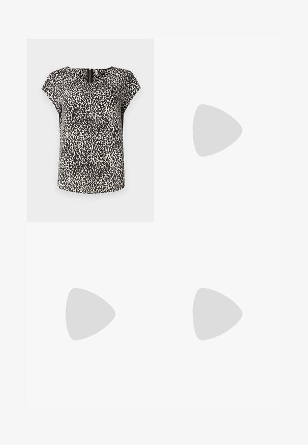 Lyhythihainen mustavalkoinen toppi, jossa on teksturoitu abstrakti kuvio, pyöreä pääntie ja huomaamaton vetoketju takana.; Valkoiset leveälahkeiset housut kevyestä kankaasta. Ominaisuuksiin kuuluu elastinen vyötärö, jossa on nauhakuuluma ja sivutaskut. Sileä rakenne.; Valkoinen korkokenkä, jossa on paksu korko, ja joka sisältää nauhakiinnityksen ja nilkkaketjun. Sujuva pinta, jossa on platform-etupohja lisäkorkeutta varten.; Ruskean nahkainen olkalaukku, jossa on kaareva muoto, kultaiset yksityiskohdat ja solkiyksityiskohta. Varustettu irrotettavalla olkahihnalla.