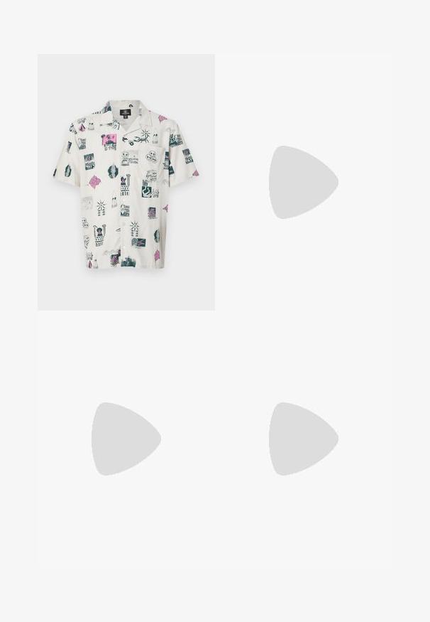 Short-sleeve shirt in light beige with multicolored graphic prints featuring various icons, patterns, and designs; relaxed fit and button-down collar.; Black denim wide-leg pants with a high waist, featuring five pockets and a button closure. Fabric has a smooth texture and slight stretch.; White leather sneakers with grey suede toe cap, three horizontal white stripes, blue accent, and brown rubber outsole. Textured detail on the sole.; Black oval sunglasses with dark lenses, thick frames, and silver dot accents on the sides. Smooth plastic material, contemporary design.