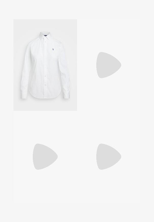 Camisa branca de botão com colarinho pontiagudo, mangas longas e um pequeno logótipo azul no lado esquerdo do peito. Confeccionada em tecido de algodão.; Jeans de ganga escuros de perna larga com uma cintura alta, design de cinco bolsos e costura em contraste. Apresenta um fecho de botão e uma forma estruturada.; Sapatilha em couro e camurça castanho escuro com atacadores e sola bege, detalhe em logo dourado e "Michael Kors" estampado na sola.; Mala preta com forma curve, feita de camurça e couro, com um fecho de correr dourado e um detalhe com o logótipo. Inclui uma alça curta.