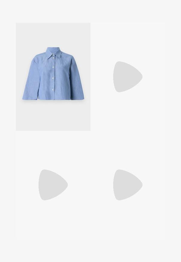Light blue cropped shirt made of linen, featuring a pointed collar, button front, and three-quarter sleeves with a smooth texture.; White, high-waisted wide-leg jeans made of denim. Features a button closure, two front pockets, and side seams with stitching details.; Burgundy suede ankle boot with a pointed toe and low heel. Smooth texture and fitted design with no visible hardware or patterns.; Brown leather handbag with a structured shape, featuring a single top handle and a detachable shoulder strap. Gold-tone hardware detail.