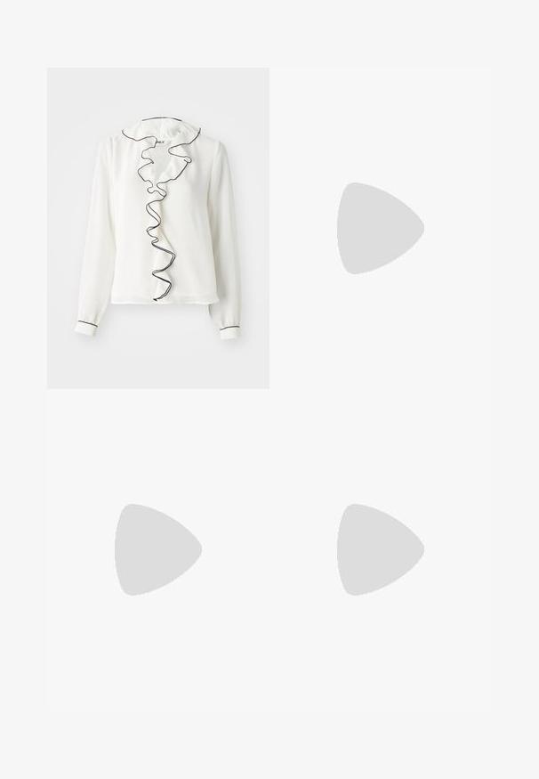 White long-sleeve blouse with a ruffled collar and placket outlined in black. Soft texture, regular fit, elastic cuffs.; Beige wide-leg jeans made of cotton. Features a button closure, belt loops, and front pockets with a smooth, soft texture.; Brown patent leather slingback shoe with a pointed toe and a moderate heel. Features a buckle strap for secure fit. Smooth texture.; Even&Odd Handbag - brown