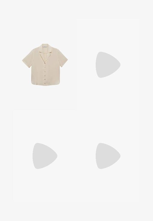 Kortærmet, beige bluse med en glat tekstur, reverskrave og seks centrale knapper. Lige skåret kant og blødt stof.; Brune brede bukser med en glat tekstur, der har et sort bælte i taljen og sidelommer. Skræddersyet design og afslappet pasform.; Brun patenteret læder slingback sko med spids tå og en moderat hæl. Har en spænde rem for en sikker pasform. Glat tekstur.; Vævet stråhåndtaske i beige med en buet form, en kort håndtag og en sidelomme med lynlås. Har tekstureret overflade og minimalistisk design.