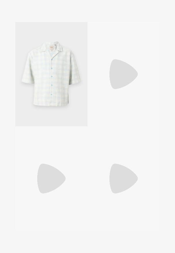 Short-sleeve shirt in a light blue and white check pattern, made of textured fabric with blue buttons and a collared neckline.; White denim shorts with a straight cut, featuring copper rivets, a button fly, and five pockets. Textured fabric with a classic design.; Light beige loafers with a pointed toe, smooth material, a strap across the vamp, and a low brown sole. Simple design with minimal accents.; Black rectangular sunglasses with dark lenses, featuring a distinctive shape and branding on the temple. Worn by a person in a green shirt.
