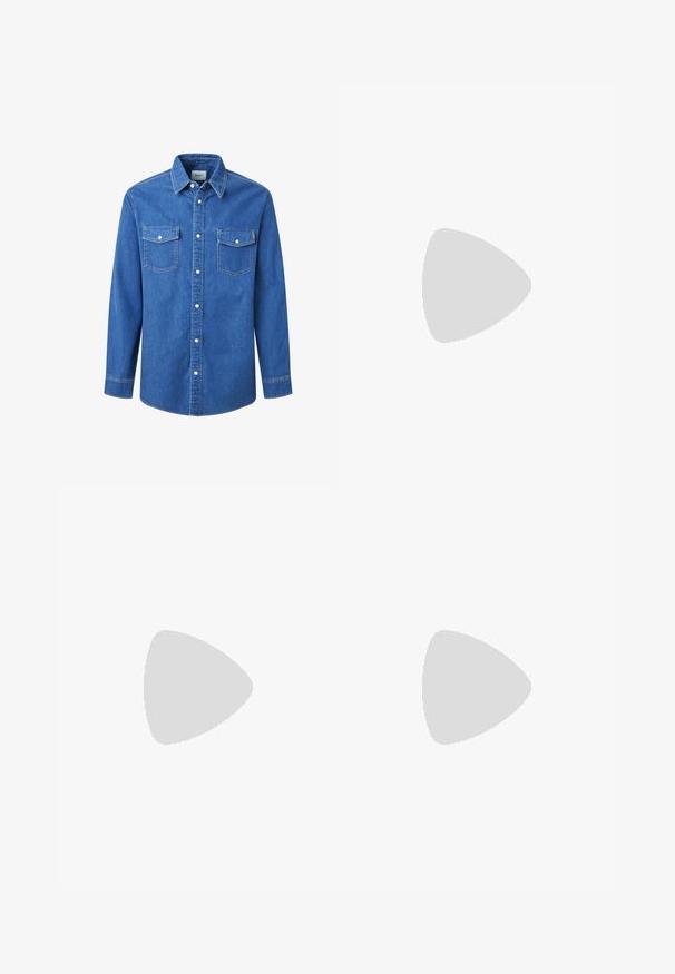 Zila džinsu krekls ar garām piedurknēm, standarta apkakli, divām krūšu kabatām, pogājamā priekšpusē un kontrastējošām šuvēm.; Tievās džinsās bālganā pelēkā denimā, kas izceļas ar nolietotām detaļām pie ceļgaliem, apvienotas ar baltām kedām. Gluda tekstūra, šaurs piegriezums.; Baltas ādas sporta apavi ar perforācijām, apaļu purngali, plakanu zoli un biezām šņorēm, ar redzamu swoosh logo un vārdu "AIR" uz papēža.; Sudraba nerūsējošā tērauda rokas pulkstenis ar tumši zilu ciparnīcu, metalizētiem stundu rādītājiem un datuma logu pie pulksten 3. Ūdensizturīgs līdz 50 metriem.