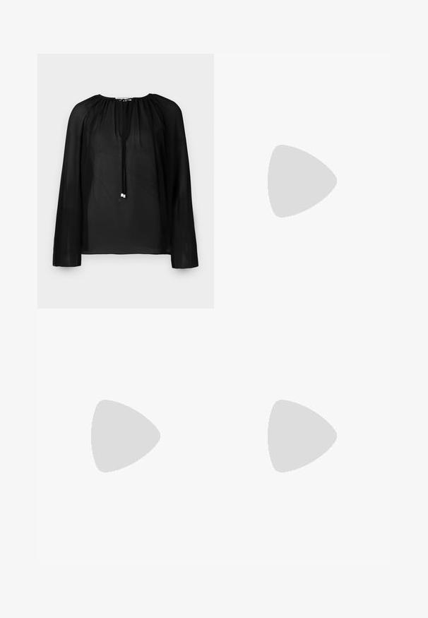 Black sheer blouse with long sleeves, gathered neckline, and a drawstring with silver accents. Lightweight and flowy texture.; Black flared pants featuring a smooth texture, tailored waistband, and front pockets, designed with a sleek, modern silhouette.; Black patent slingback heel with a pointed toe, featuring textured snake print, adjustable strap, and a short, textured block heel.; Black leather crossbody bag with two front pockets, gold buckles, zipper closure, and a slim strap. Textured surface and compact rectangular shape.