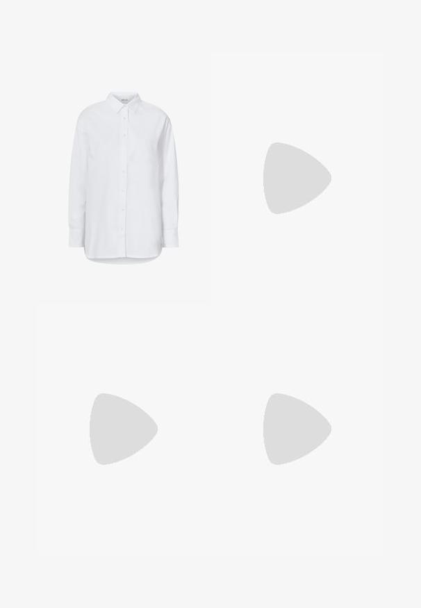 Weißes langärmliges Hemd mit Knöpfen und Kragen, aus glattem Material, mit geradem Saum und Knopfverschluss auf der Vorderseite.; Übergroßer grauer Sweatshirt mit einem Aufdruck eines Adlers, einem bunten Banner und dem Text "Multiply Apparel" auf der Rückseite. Weicher Stoff.; Schwarze Hose aus leichtem Material, mit verstellbarem Bund und Kordelzug am Saum. Entworfen mit einer lockeren, oversized Passform und mehreren Taschen.; Nike-Sneaker in Weiß und Schwarz. Verfügt über ein schlankes Design, atmungsaktives Mesh und kontrastierende durchbrochene Paneele. Sichtbare Luftkammer in der Sohle.; Schwarze rechteckige Sonnenbrille mit dunkelgrünen Gläsern, die ein glänzendes goldenes Logo an der Seite aufweist. Glatter Kunststoffrahmen mit kühnen Design.