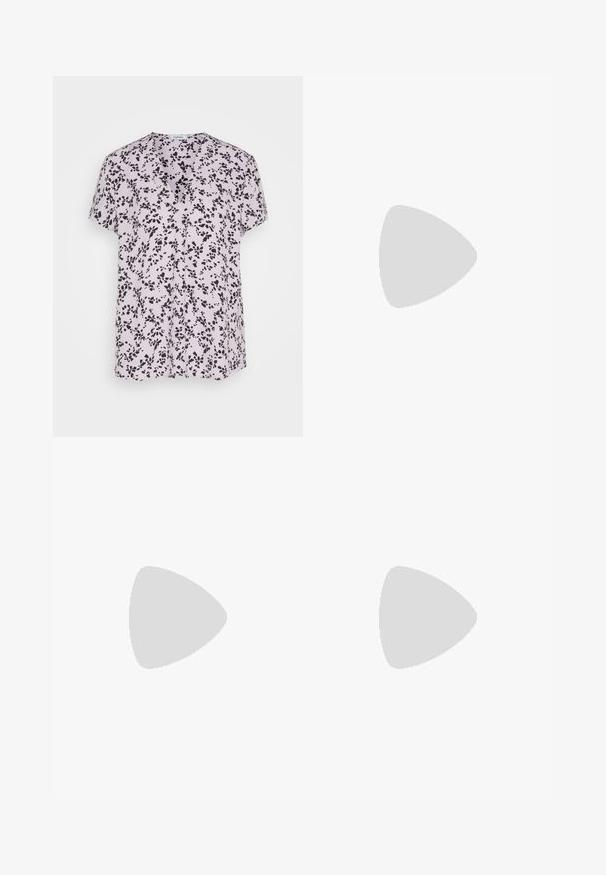 Esprit V NECK - T-Shirt print - lavender; Hellblaue Jeans im weiten Schnitt mit hoher Taille, fünf Taschen und einem kontrastierenden dunkelblauen Patch auf der Vorderseite.; Weiße Ledersneaker mit hellblauen Akzenten, grauem Wildlederzehen und einer braunen Gummisohle. Verfügt über drei blaue Streifen und "Samba"-Branding.; Schwarze Sonnenbrille mit braun getönten Gläsern; rechteckige Form mit einem dicken Rahmen, einschließlich subtiler Hardware-Akzente an den Bügeln.