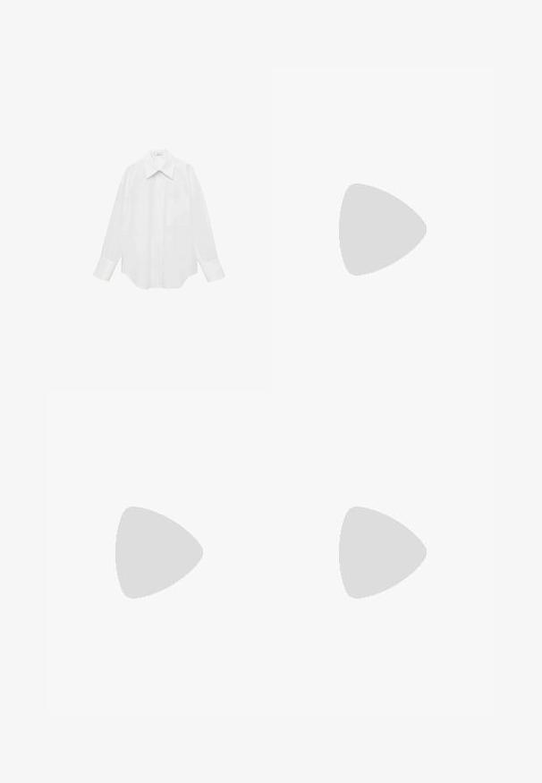 Witte longsleeve shirt van gladde stof, met een puntige kraag, een enkele borstzak en een ronde zoom voor een oversized pasvorm.; Lichtroze wijde broek gemaakt van een zachte, rekbare stof. Bevat een verstelbare trekkoord taille en heeft geen zichtbare patronen of versieringen.; Zilveren metallic sneakers met een gladde textuur, grijze veters en een gumrubberen zool, met perforaties op de neus en zijdesignaccenten.; Beige leren schoudertas met een halve maanvorm, een soepele textuur en een enkele gebogen handgreep. Voorzien van een ritssluiting en nette stiksels.