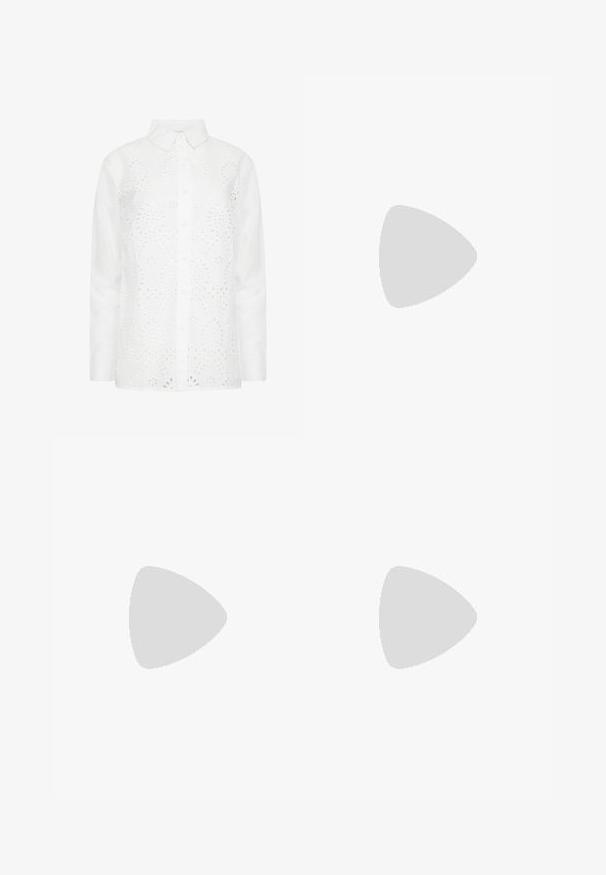 Weiße Baumwollbluse mit Knopfleiste, die aufwendige Ausschnittmuster und einen klassischen Kragen aufweist. Lange Ärmel und eine lässige Passform.; Rosa Sportshorts mit einem elastischen Bund, seitlichen weißen Streifen und einem kleinen Logo auf der unteren linken Vorderseite. Glatte Stofftextur.; Blaue Wildleder-Sportschuhe mit weißen Streifenakzenten, Gummisohle und gepolsterter Kragen für Komfort. Verfügt über ein klassisches Schnürdesign.; Sonnenbrille mit einem durchsichtigen gelben Rahmen und grün getönten Gläsern. Winkeliges Design mit breiten Bügeln, getragen mit einem weißen Hemd mit grünen Akzenten.