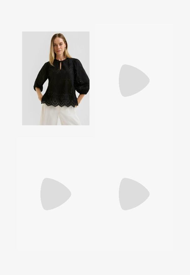 Zwart geborduurd blouse met een ronde hals en sleutelgatdetail. Heeft pofmouwen en een scalloped zoom met uitsnijdingen.; Witte off-shoulder top van lichtgewicht stof, met bloemenborduursel en geplooid ontwerp langs de elastische halslijn.; Zwarte flip-flop met een gestructureerde rubberen zool, twee slanke banden en een subtiele, ingedrukte logo-detail op de band.; Bruine schildpadoversized zonnebril met een brede rechthoekige rand en gradient lenzen. Gouden logo-detail aan de zijkant.; Geweven natuurlijke stro tas met tan lederen handvatten, voorzien van een diagonaal zwart-wit geometrisch stripe patroon. Ontwerp met open bovenkant.