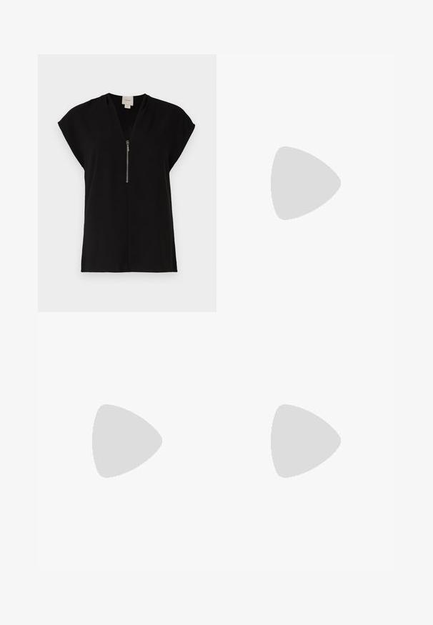 Black top with a V-neck and zip closure, short cap sleeves, made of smooth fabric, featuring a minimalist design with no patterns.; Black tailored trousers with a straight-leg design, featuring a smooth texture and crisp creases along the front. No visible hardware.; Black leather slingback heels with a pointed toe, featuring a slim heel and a gold-tone accent on the adjustable strap. Smooth texture.; Black leather handbag with a structured design, featuring a cropped shape, top handle, and gold hardware accent. Adjustable shoulder strap included.