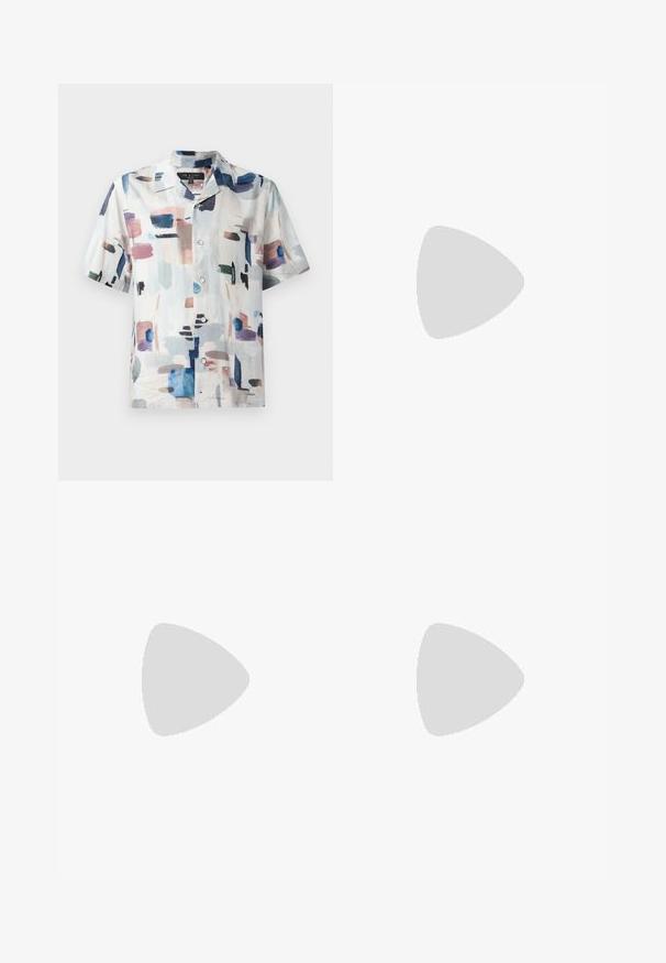 Short-sleeved button-up shirt in lightweight fabric, featuring an abstract pattern in pastels and deep blue on a white background.; Brown, high-waisted trousers made of textured fabric. Features wide legs and two front pleats for structure. Neat finish with no visible hardware.; Black leather loafers with a smooth texture, rounded toe, and a decorative strap across the vamp. Low stacked heel, minimalist design.; Black leather crossbody bag with a zippered front pocket, embossed logo, and adjustable strap. Smooth texture with a structured shape.