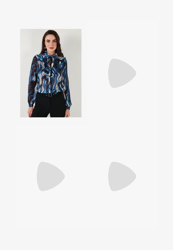 Long-sleeve blouse with ruffled details in blue, brown, and cream wave patterns. Features button-down front and a neck tie.; Cream-colored satin wide-leg pants with black embroidered geometric patterns along the hem. Features a smooth texture and tailored silhouette.; Beige leather block-heel pump with a pointed toe, black trim along the opening, and a thin adjustable slingback strap with gold hardware.; Cream leather handbag with a crescent shape, gold hardware, black accents, and a removable strap. Features a chain detail and tag.
