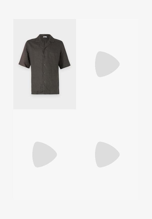 Short-sleeve, collared shirt in dark gray linen, featuring a chest pocket and front button closure. Smooth texture, relaxed fit.; BOSS TEE - Basic T-shirt - open white; Beige, tapered pants with an elastic waistband and drawstring. Smooth fabric with a clean design and no visible patterns or hardware.; Sneakers featuring a mix of white mesh and beige suede, with a brown leather accent. Rounded toe, flat rubber sole, and lace-up design.