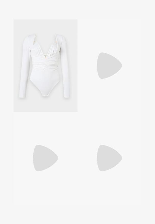 Long-sleeve white bodysuit with ruched front, deep V-neckline, and subtle golden embellishments at the shoulders. Smooth, stretchy fabric.; Black mini skirt with a structured fit, featuring gold hardware, two zippered pockets, and a front slit for added detail.; Black leather high-heeled shoe with pointed toe, ankle strap, and a thin heel. Smooth texture with a gold accent on the heel base.; White clutch bag with a textured, quilted design. Features a thin, removable strap and a silver-tone hardware accent at the front.