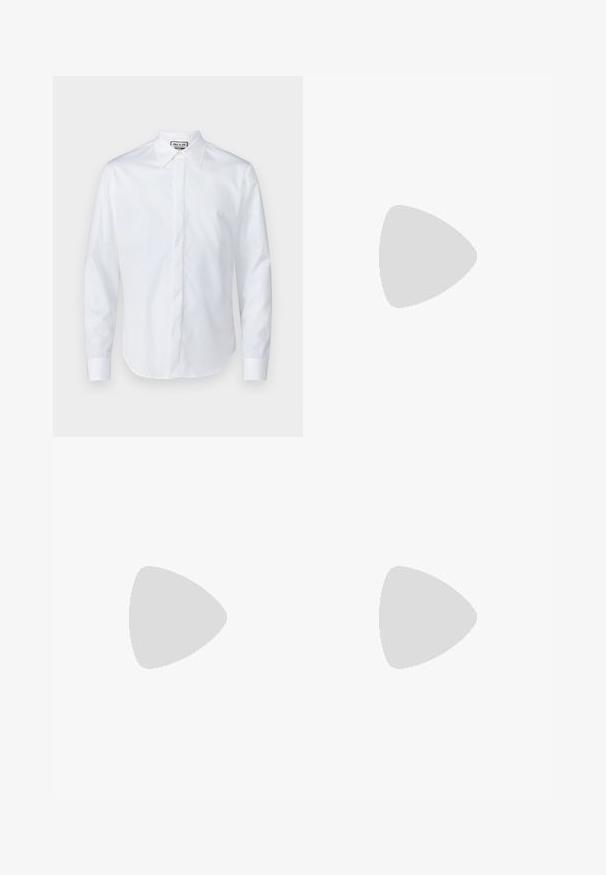 Balts garām piedurknēm krekls, izgatavots no gludas kokvilnas, ar norādītu apkakli, pogu aizdari un noapaļotu apakšmalu ar iegrieztām piedurknēm.; Melnas izstrādātas bikses ar gludu tekstūru, taisnu kāju dizainu, rāvējslēdzēja jostu un standartizmēra vidukli, ar nemanāmiem priekšējiem kabatām.; Melnas ādas kurpes ar gludu tekstūru, noapaļu purngalu un dekoratīvu siksniņu pāri priekšpusei. Zems sakrauts papēdis, minimālisma dizains.; Melnas taisnstūra formas saulesbrilles ar tumšiem stikliem, bieza plastmasas rāmja, zelta akcenti pie tempļiem un zīmola logo iegravēts roku daļā.