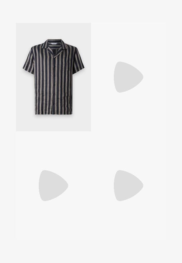 Camisa de manga corta de color navy con rayas verticales crema, cuello de muesca, bolsillo frontal y cierre de botones, hecha de una tela ligera y suave.; Camiseta de algodón blanca con un pequeño logo azul y un diseño gráfico en el lado izquierdo del pecho; corte relajado con un cuello redondo clásico.; Pantalones negros con cintura elástica, cierre de botón y diseño de pierna recta. Tejido liso, sin patrones o acentos visibles.; Calvin Klein Zapatos sin cordones - cocoa brown
