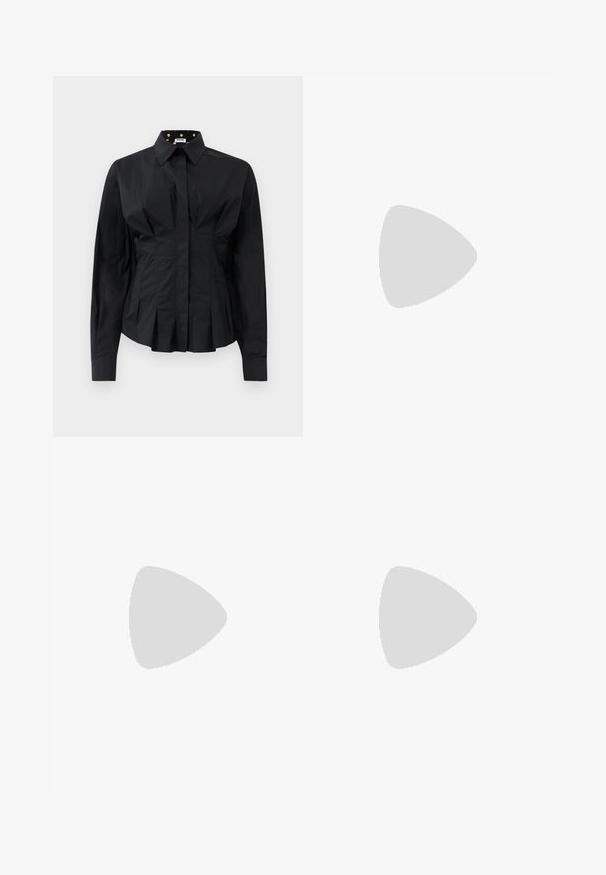 Black long-sleeve fitted shirt with structured pleats below the waist and a collar lined with gold polka dots on black fabric.; Black and white tapered trousers featuring a slim fit with contrasting panels. Fabric has a smooth texture; waistband is flat and fitted.; Black leather slingback heels with a pointed toe, slender heel, and decorative buckle detail on the vamp. Smooth texture and sleek design.; Black and white striped handbag with a structured shape, featuring a top handle, a detachable chain strap, and metallic logo accent.