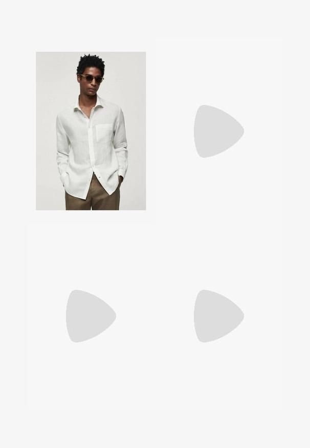Mango AVISPA - Skjorter - white; Langærmet hvid t-shirt lavet af blød bomuld. Rund halsudskæring med lige skårne kanter og ingen synlige mønstre eller grafikker.; Sorte plisserede bukser med et lige, bred ben-design. Fremstillet af glat stof, med en knaplukning og bæltesløjfer.; Sort læderklump med dækket tå, justerbar spænde rem, korksål og struktureret gummisål for godt greb.; Sorte solbriller med rektangulær form, tykke stel og mørke linser. Har en blank overflade og en karakteristisk hardwaredetalje ved tindingerne.