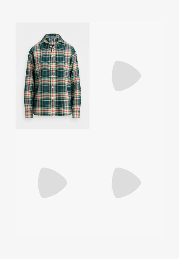 Long-sleeve button-up shirt with green, navy, white, orange, and yellow plaid pattern, spread collar, and small embroidered logo on chest.; Black tailored trousers with a high waist, featuring pleats at the front, a straight leg design, and a cuffed hem. Made from smooth fabric.; Black heeled sandal with crossed straps and adjustable buckle. Features a smooth texture and tapered stiletto heel.; Black leather crossbody bag with two front pockets, gold buckles, zipper closure, and a slim strap. Textured surface and compact rectangular shape.
