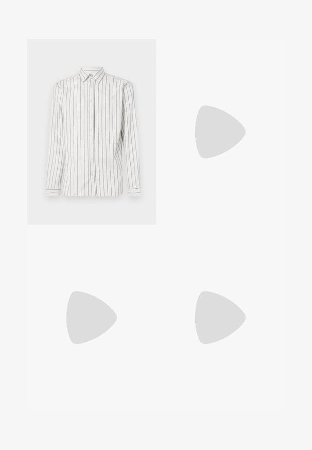 White long-sleeve shirt with black vertical stripes, button-down collar, and front buttons. Soft fabric with a smooth texture.; Black trousers with an elastic waistband, button closure, and straight leg design. Smooth fabric, no visible patterns or accents.; Brown leather sneakers with a smooth finish, round toe, and cream rubber sole. Features black laces and subtle branding on the side.; BOSS Sunglasses - brown