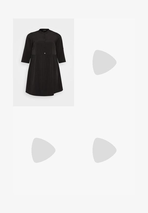 Vero Moda Curve VMCEVA FOLD UP SHORT DRESS - Kreklkleita - black; Melni platajā kāja džinsi ar augstu jostu, klasisko piecu kabatu dizainu un vieglu izbalēšanu. Ilgtspējīgs audums ar gludu tekstūru.; Melna lakota āda ar atvērto papēdi, ar smailu purngalu un ģeometrisku blokpapēdi. Iezīmējas elegants, minimāls dizains un gluda tekstūra.; Melnas ādas rokassoma ar izliekta formu, noņemamu siksnu un zelta aksesuāriem. Somai ir vāciņš ar sprādzes detaļu.; Melnas ādas rokassoma ar izliekta formu, noņemamu siksnu un zelta aksesuāriem. Somai ir vāciņš ar sprādzes detaļu.; Sudraba divu joslu gredzens ar gludu, pulētu virsmu. Iezīmējas ar plūstošu, izliekta dizaina struktūru ar pārklājošām sekcijām modernam izskatam.