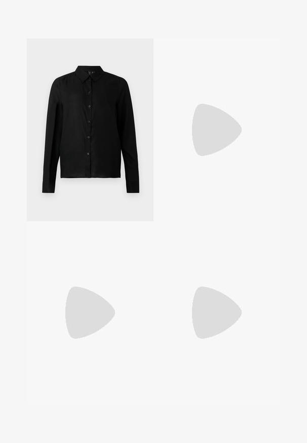 Svart langermet skjorte med knapper laget av glatt stoff. Har klassisk krage og rett snitt med knappelukking foran.; Lys blå, høy livet vide ben jeans med fem lommer, knappelukking og beltehemper, sammen med en tettsittende hvit langermet topp.; Sorte lakk lær sko med en kraftig plattformsåle og tykke snører. Avrundet tå, minimal detaljering, og en liten hæltab bak.; Metallinnrammede solbriller med ovale grønne linser. Tynn sølvfarget metallramme og svarte øreplugger. Minimalistisk design, ingen synlige logoer.