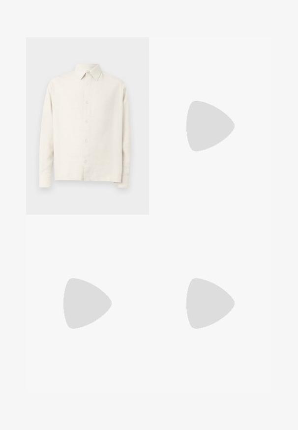 Light beige long-sleeve shirt made of textured fabric. Features a collared neckline and front button closure with a straight hem.; Black short-sleeve polo shirt featuring a textured, abstract pattern. The collar is flat and slightly open, enhancing the relaxed design.; Denim shorts in light blue with a classic cut. Features five pockets, orange stitching accents, and raw-edge hems.; Black leather loafers with a smooth finish, rounded toe, and decorative stitching on the vamp. Low stacked heel and slight shine.