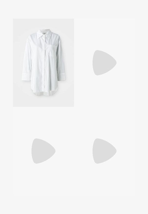 White long-sleeve button-up shirt with thin black vertical stripes, a left chest pocket, and a pointed collar.; High-waisted wide-leg blue denim jeans with front pockets, belt loops, button closure, and visible stitching on a white background.; Black leather knee-high boot with a pointed toe and high stiletto heel; sleek, smooth texture with subtle seams and no visible hardware.; Black crossbody bag with quilted texture and logo patch. Worn with a white striped shirt over a fitted white top and denim jeans.