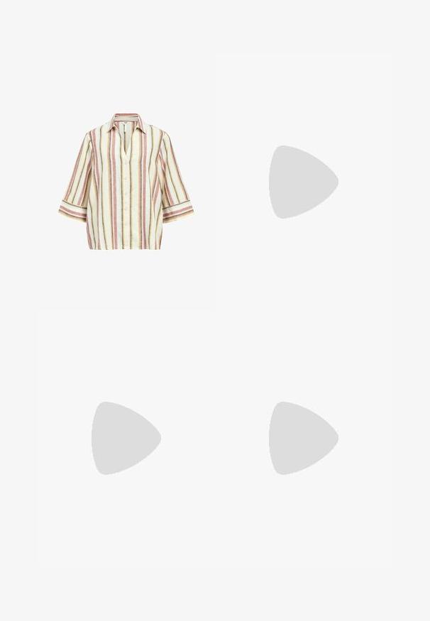 Camicia button-up a maniche corte a righe con colletto, caratterizzata da colori alternativi di beige, rosa, blu e giallo, realizzata in un tessuto leggero.; Jeans bianchi a gamba larga realizzati in denim. Presentano chiusura con bottone, tasche anteriori e posteriori, e cuciture rinforzate. Tessuto liscio con dettagli minimi.; Scarpe sportive con tomaia in pelle bianca, punta in suede grigia e tre strisce nere. Presentano un logo blu sulla linguetta e una suola in gomma testurizzata.; Borsa in pelle rosa con una forma strutturata, caratterizzata da una chiusura lucida e una sola tracolla regolabile. Finitura texturizzata con hardware dorato.