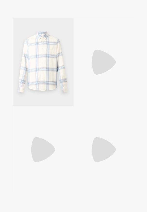 Camicia a maniche lunghe a quadri in crema con strisce blu e blu chiaro. Presenta un bottone frontale, colletto e una tasca sul petto. Materiale in cotone.; T-shirt bianco a maniche corte in cotone, con scollatura rotonda e vestibilità rilassata con orlo dritto. Nessun motivo o decorazione.; Pantaloni cargo neri con design a gamba dritta, dotati di due tasche laterali, chiusura con bottone e un tessuto testurizzato.; Mocassino in pelle nera con finitura liscia, caratterizzato da un dettaglio di cucitura sulla tomaia e una suola in gomma nera solida e bassa.
