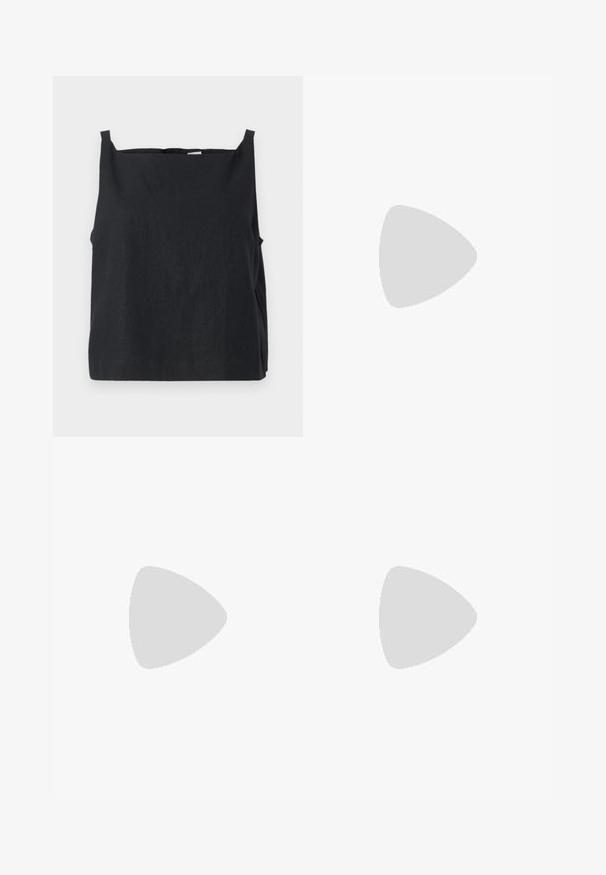 Schwarzes, ärmelloses Top aus leichtem Material. Boxy-Design mit rundem Halsausschnitt und schmalen Trägern. Glatte Textur, minimale Details.; Schwarze weit geschnittene Hosen aus einem glatten Stoff, mit hoher Taille, Frontfalten und Seitentaschen. Schlichtes Design ohne Verzierungen.; Schwarze Lackleder-Sandalen mit hohen Absätzen, zwei Riemen mit Schnallen, quadratischer Zehenpartie und klobigem Blockabsatz, mit einer glatten, glänzenden Textur.; Schwarze Laptoptasche aus Leder mit glatter Textur, rechteckiger Form und zwei langen Griffen. Keine sichtbaren Beschläge oder Verzierungen.