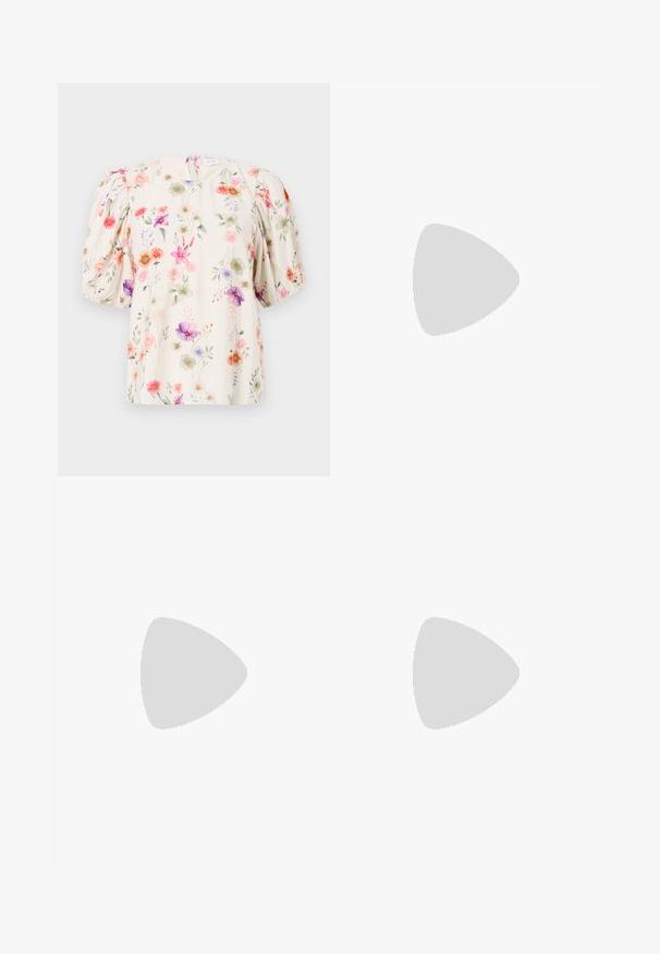 Blomstret bluse med pufferm, med en kremfarget bakgrunn og fargerike blomster mønstre i nyanser av rosa, lilla og grønn.; Lyseblå vide jeans laget av denim, med høyt liv, fem lommer og en enkelt knappelukking. Myk tekstur med falmet finish.; Beige blonde lisse slingback leiligheter med blomsterdesign, rund tå og en liten spenne detalj. Flat hæl og åpne sider for pusteegenskaper.; Hvit syntetisk håndveske med trekantet form, flat klaff foran og sløyfe detaljer, justerbar stropp, glatt tekstur og minimalistisk design.
