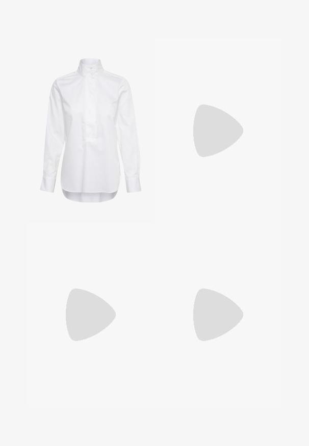 InWear KEIX - Camicetta - pure white; Stradivarius Pantaloni - black; Bershka Sandali con tacco - brown; Occhiali da sole neri rettangolari con lenti scure, montatura in plastica liscia e tempie curve. Il design è voluminoso con un'estetica minimalista.