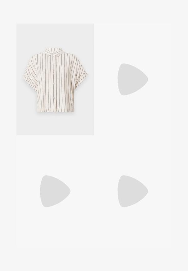 Cămașă cu mânecă scurtă, cu guler, din material crem cu dungi verticale bleumarin. Închidere cu butoni, design scurt și croială lejeră.; Top alb fără mâneci, realizat din bumbac moale. Are un decolteu rotund și o tăietură dreaptă. Design simplu, fără modele sau accente vizibile.; Femeie îmbrăcată cu un vestă albă fără mâneci, cu un model floral, asociată cu blugi evazați de culoare albastră deschisă, cu talie înaltă, și pantofi maro, stând cu mâinile încrucișate la spate.; Balerini din piele neagră, cu vârf ascuțit, șnur pentru glezna și talpă plată, având o textură netedă și un design minimalist.