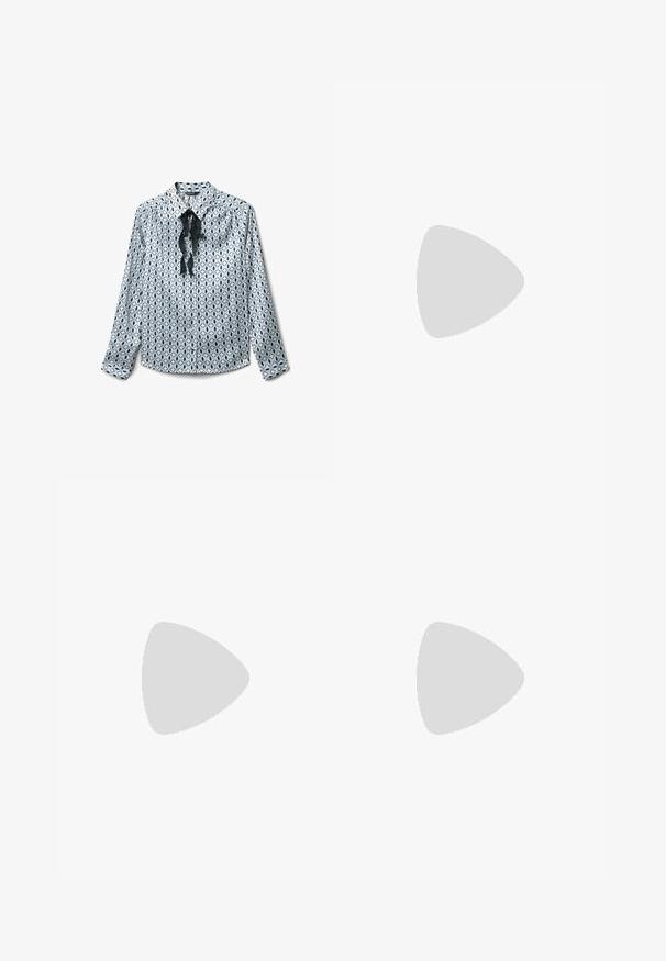Patterned button-up shirt in light blue with black oval designs, featuring a collar and a tied black satin ribbon at the neckline.; Black wide-leg denim pants with a high waist, featuring front and back pockets, stitched seams, and a button closure. Smooth texture.; Bershka High heeled sandals - black; Black patent leather handbag with a curved shape, one shoulder strap, front pockets, and silver-tone hardware accents.