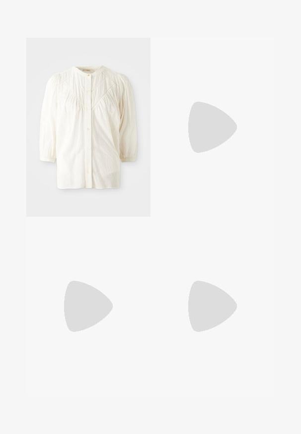 White ribbed button-up blouse with a round collar, pleated shoulders, and long sleeves. Features subtle vertical stripes and a relaxed fit.; Black flared pants made of a stretchy material with a smooth texture, featuring seam details along the front for added design.; Black patent leather slingback high-heeled shoes with a pointed toe, adjustable strap, and chunky rectangular heel.; Quilted cream handbag with a gold bird-shaped clasp, chain strap, and textured chevron design. Features a flap closure and compact shape.