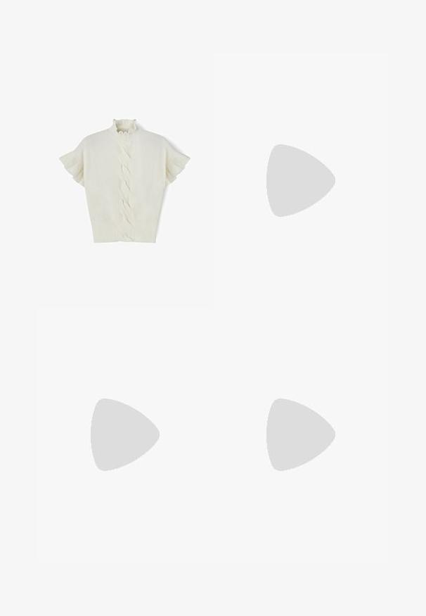 White cable-knit short-sleeve sweater with a ruffled mock neck and ribbed hem. Soft texture, smooth finish, and distinctive woven pattern down the center.; Wide-leg trousers in off-white fabric, featuring a smooth texture, front pleats, and a straight cut from waist to hem.; Beige suede sneaker with a low profile, textured surface, and white laces. Features a curved design and a rubber sole for grip.; Transparent hexagonal eyeglasses with light brown tones; thick, clear frames and slender arms; no visible logos or patterns.; Silk square scarf in light beige with a geometric pattern featuring repeated "BOSS" and price tags in white. Edges are neatly finished.; Tan leather handbag with double handles and a detachable shoulder strap. Features a gold-tone clasp and textured surface.