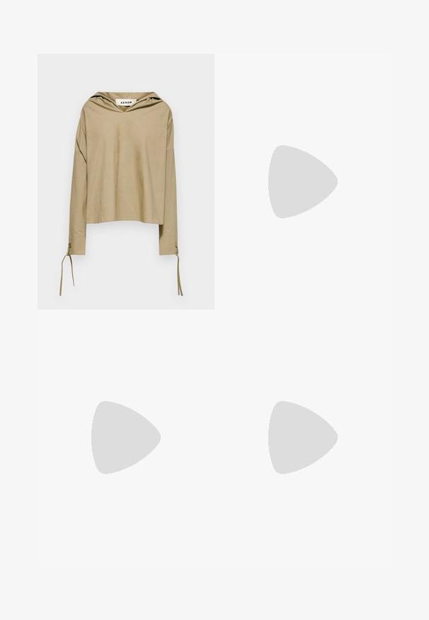 Beige hooded top with long sleeves, featuring a V-neckline and tie details at the cuffs, made from lightweight fabric.; Dark blue flared jeans made from denim. Features a high waist, front pockets, and slit details at the hem.  Classic five-pocket design.; Black leather ballet flat with a rounded toe, smooth texture, minimal stitching detail, and a flexible sole design.; Brown textured leather crossbody bag with gold chain strap and flap closure. Front features logo detail and a pocket under the flap.