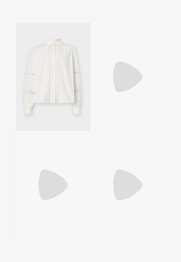 White button-up shirt featuring long sleeves, intricate eyelet detailing, and lace accents along the sleeves and front. Smooth fabric texture.; Black wide-leg denim pants with three white stripe accents on each side and a small white logo. Features front pockets and a button closure.; White canvas sneaker with a chunky sole, rounded toe, and five eyelets for laces. Back tab for easy wear. Smooth texture, minimalist design.; Black leather handbag with a curved shape, detachable strap, and gold hardware. The bag features a flap with a buckle detail.