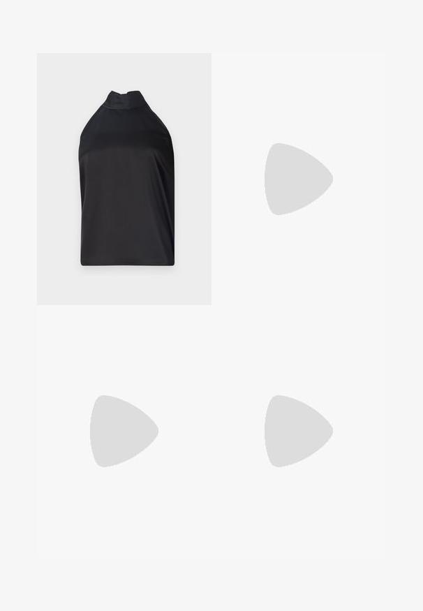 Melns halter top no gludas auduma, ar augstu apkakli un brīvu piegriezumu, bez redzamām aizdarem vai rotājumiem.; Melnas mākslīgās ādas bikses ar platu kāju griezumu, kurām ir baltas šuves, priekšējās kabatas un zelta pogas jostasvietā.; Melna ādas baleta kurpe ar noapaļotu purngalu, gludu tekstūru, minimālu šuvju detalizāciju un elastīgu zoles dizainu.; Sudraba metāla rokassoma ar elegantu taisnstūra formu, kurai priekšpusē ir sasieta loku detaļa un divi īsi rokturi. Gluda tekstūra.