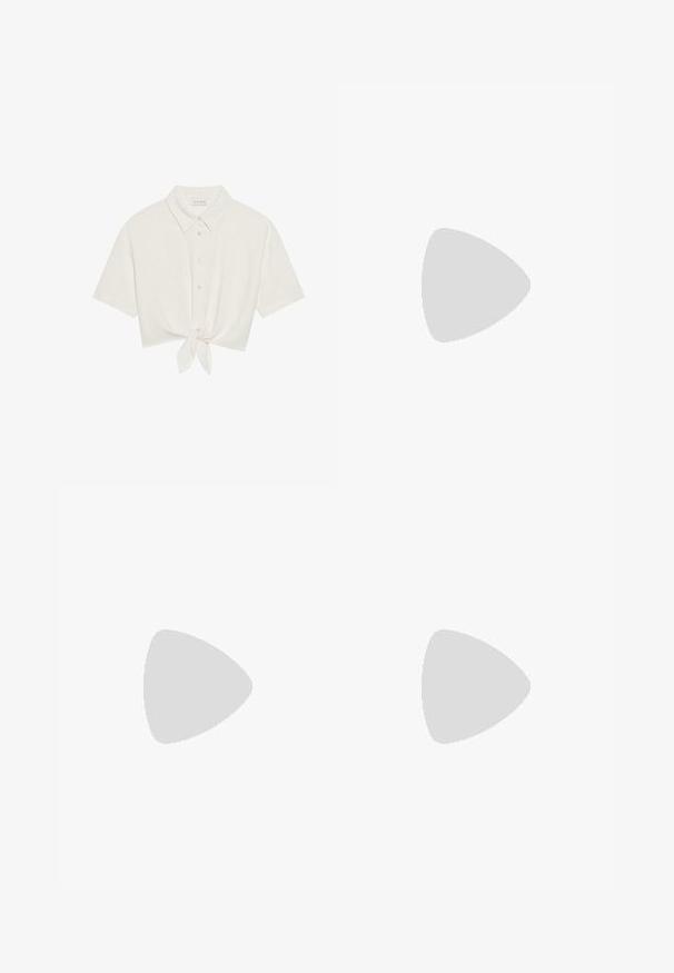 Cropped short-sleeve shirt in light beige linen, featuring a button front and tie detail at the hem. Smooth texture with a classic collar.; Beige pleated shorts with a tailored design, featuring a high waist and smooth texture. Four front pleats create volume. No pockets.; White flat shoe featuring a mesh design with a pointed toe and a low, flat sole. Textured upper with a smooth lining and subtle contrast trim.; Brown leather shoulder bag with a slouchy design, gold hardware, and contrasting white stitching, held by a person wearing denim clothing.