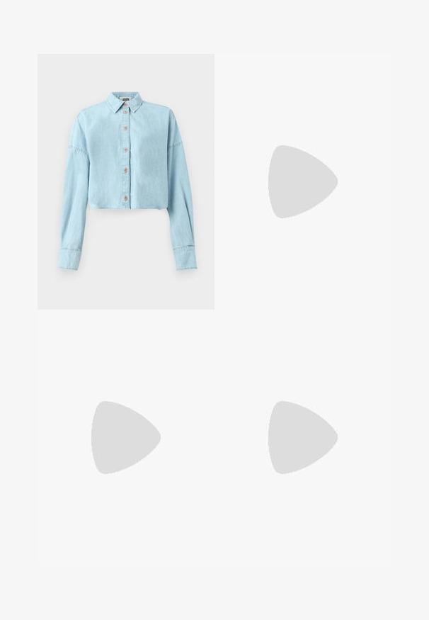 Light blue cropped denim shirt with long sleeves, button closure, and a classic collar. Features stitching details and soft texture.; Gray wide-leg jeans with a faded finish, button closure, five-pocket design, and stitched detailing along the seams.; Black leather mules with a pointed toe and low, block heel. Smooth texture with a sleek design. Open back with minimal detailing.; Black leather tote bag with a square handle, featuring a textured finish and embossed logo. Includes a detachable strap.