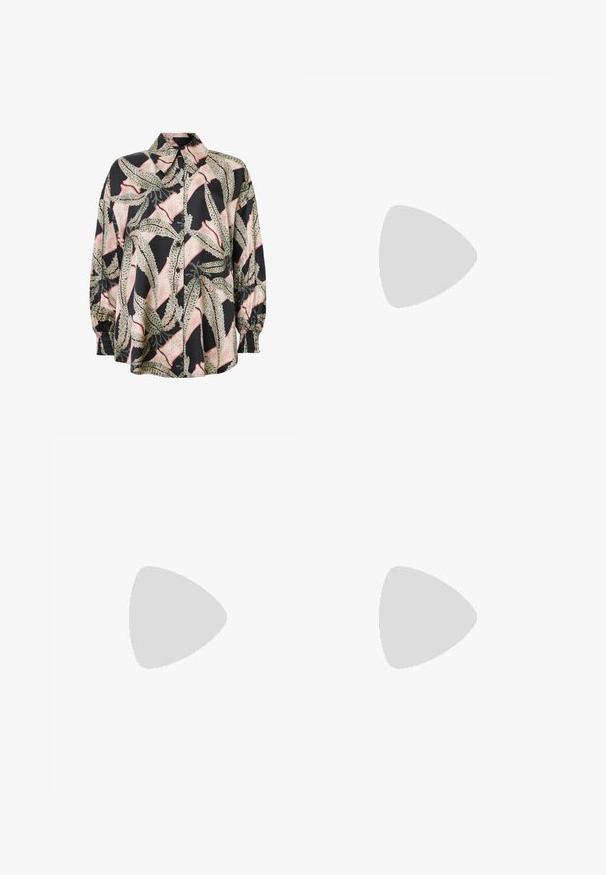 Camicia con bottoni in misto seta, caratterizzata da una base nera con un motivo astratto di foglie in verde e rosa. Maniche puff con polsini elastici.; Pantaloni bianchi in cotone con design a gamba dritta, caratterizzati da una vita a media altezza e senza hardware o motivi visibili. Tessuto liscio su tutta la superficie.; Scarpa slingback a punta in pelle bianca sporca, caratterizzata da un tacco basso e un design con ritagli, dal texture liscia e con accenti minimi.; Borsa color crema con una finitura testurizzata, forma curva, manico corto e dettaglio del logo in tonalità oro. Chiusura con zip nella parte superiore.