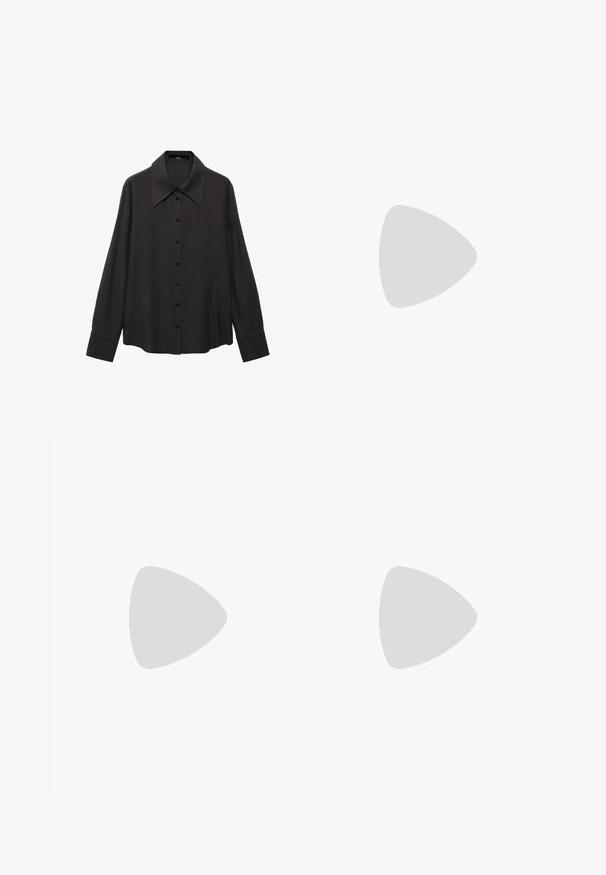 Schwarzes Langarmshirt mit weitem Kragen, vorderem Knopfverschluss und geradem Schnitt. Hergestellt aus weichem Stoff mit glatter Textur.; Schwarze weite Hosen aus glattem Stoff, mit einem Reißverschluss vorne und zwei seitlichen Taschen, maßgeschneiderter Passform und minimalistischem Design.; Slingback-Pumps aus glänzendem dunklen braunen Lackleder, mit spitzer Zehenpartie, offenen Seiten und verstellbarem Knöchelriemen.; Hellgraue Lederhandtasche mit einem U-förmigen Design und einem geschwungenen, metallischen Griff. Glatte Textur mit minimalen Nähten und ohne sichtbare Muster.