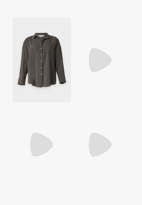 Dark gray long-sleeve button-up shirt with a collar, featuring a relaxed fit, front buttons, and a smooth, lightweight fabric texture.; Beige corduroy trousers with a loose fit, featuring a drawstring waist, two front pockets, and vertical ribbed texture.; Light grey sneaker made of suede and mesh, featuring three white stripes, round toe, and a gum rubber sole. Gold logo accent near laces.; Gold-tone metal earring with a sleek, curved design. Features a distinctive pointed shape, polished surface, and hinge closure.