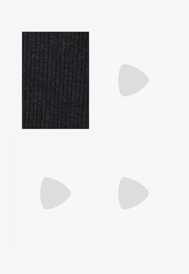 Koton LONG SLEEVE - Pusero - anthracite; Mustat leveälahkeiset housut, jotka on valmistettu kevyestä kankaasta. Housuissa on etunappikiinnitys ja tasainen etuosa, sekä huolellisesti ommellut helmat.; Valkoinen korkokenkä, jossa on paksu korko, ja joka sisältää nauhakiinnityksen ja nilkkaketjun. Sujuva pinta, jossa on platform-etupohja lisäkorkeutta varten.; Musta nahkainen hobo-laukku, jossa on sileä pinta, kaareva muoto ja yksi säädettävä olkahihna; sisäänkäynti on leveä ylhäältä.